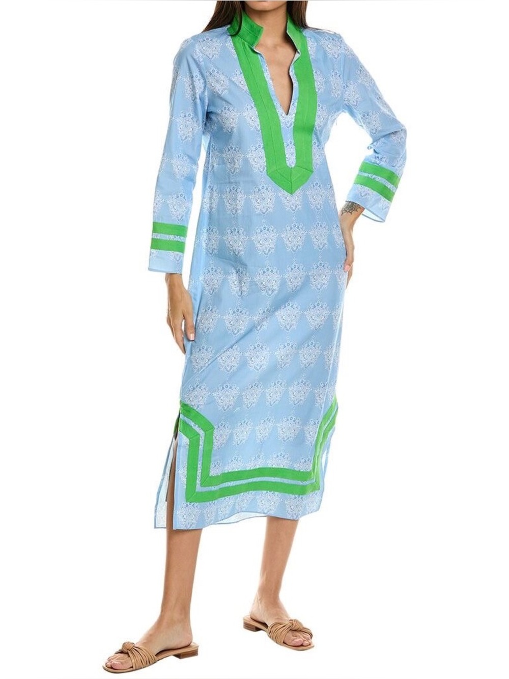 Sail To Sable  Blue Green Trim Kaftan Tunic Midi Dress size S